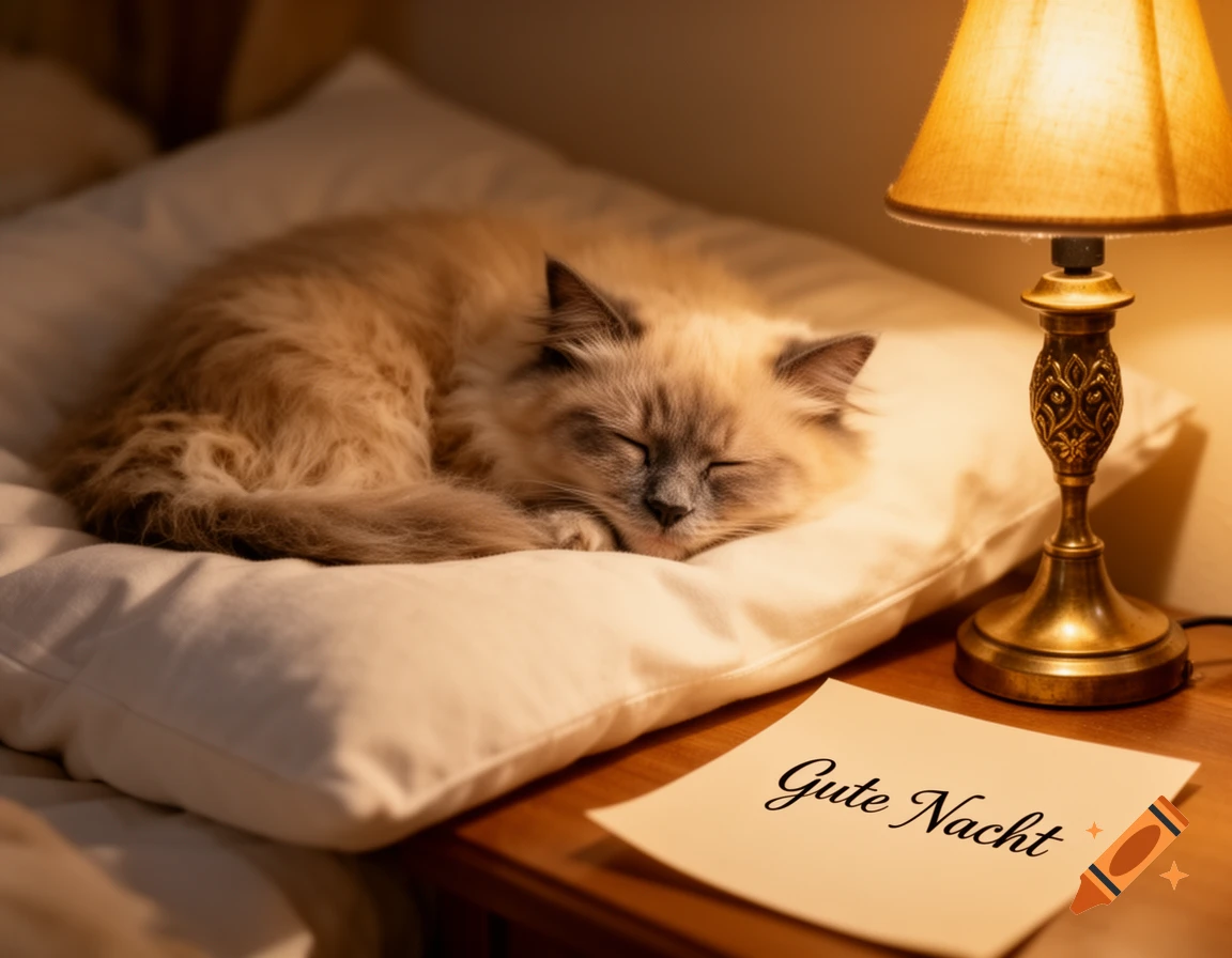 A fluffy cat sleeps on a white pillow next to a glowing lamp and a note saying "Gute Nacht".