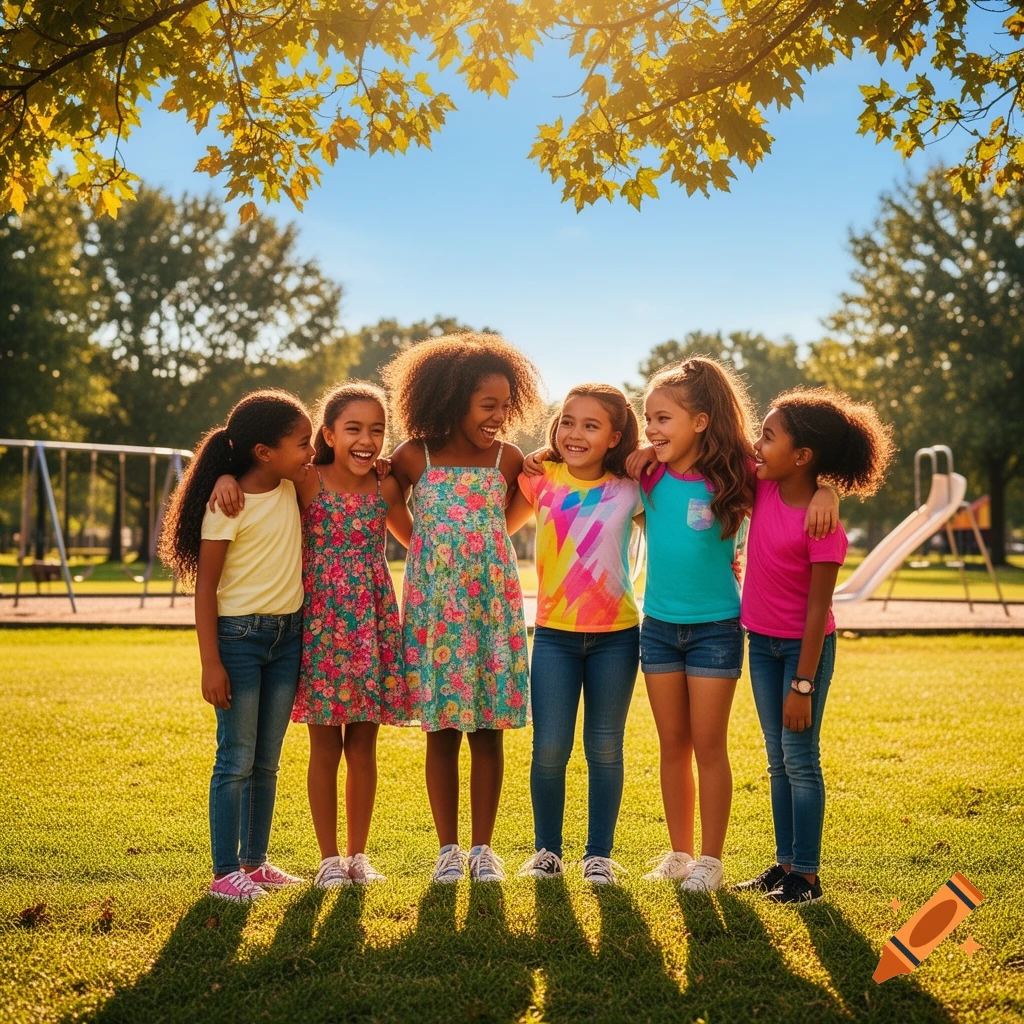 Six smiling girls, diverse in ethnicity, hug each other under a tree in a sunny park.