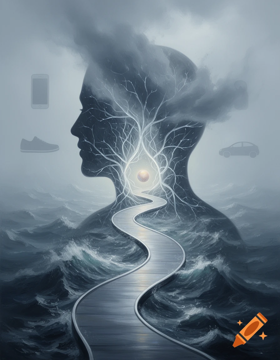 Surreal digital painting: human head silhouette, glowing neural network, path on stormy ocean, modern life symbols.