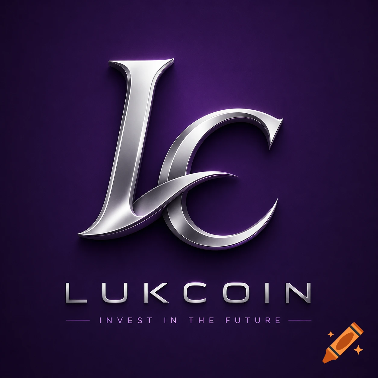 Silver stylized 'LC' logo with 'LUKCOIN' and 'INVEST IN THE FUTURE' text on a purple background, for cryptocurrency branding.