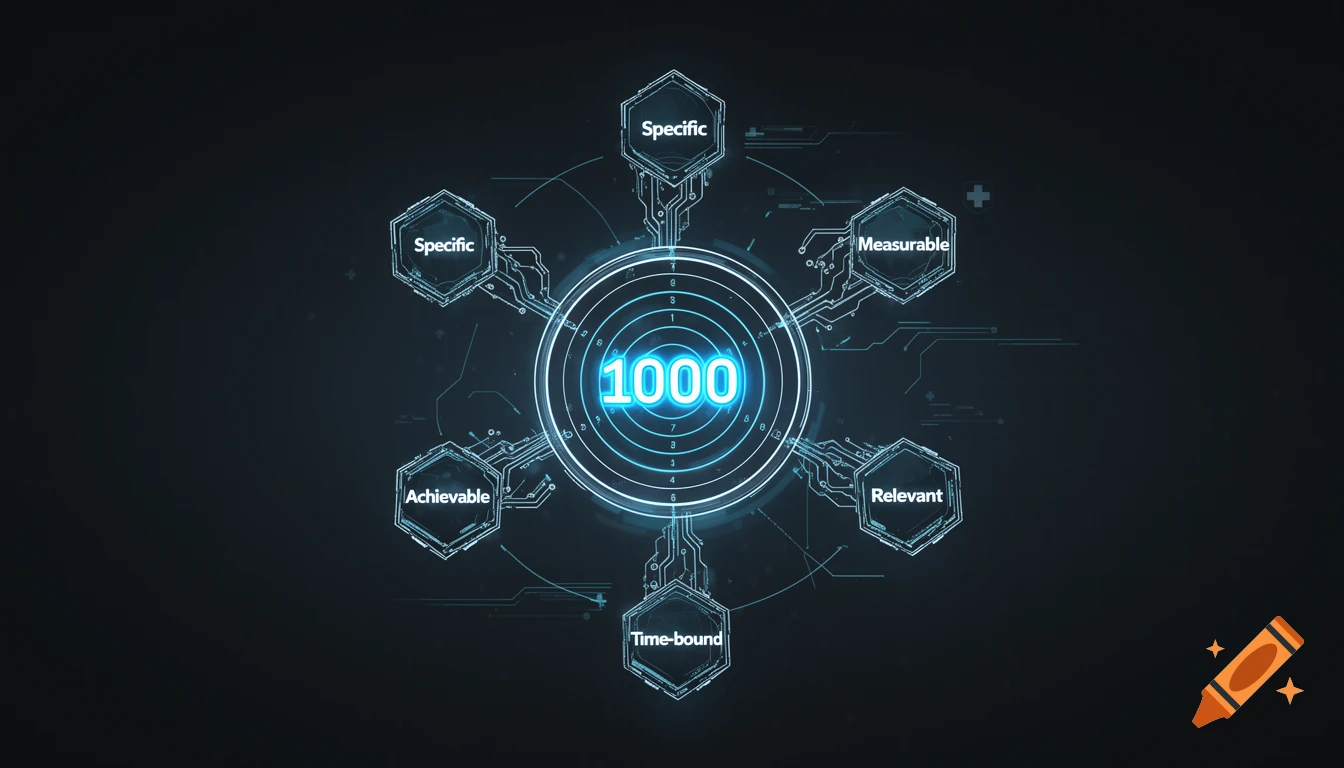 A futuristic strategic goal visualization with a glowing "1000" in a central target, surrounded by six hexagonal badges connected by circuit lines, labeled with words like "Specific," "Measurable," and "Achievable." The background is a dark gradient with neon blue and white tech lines.