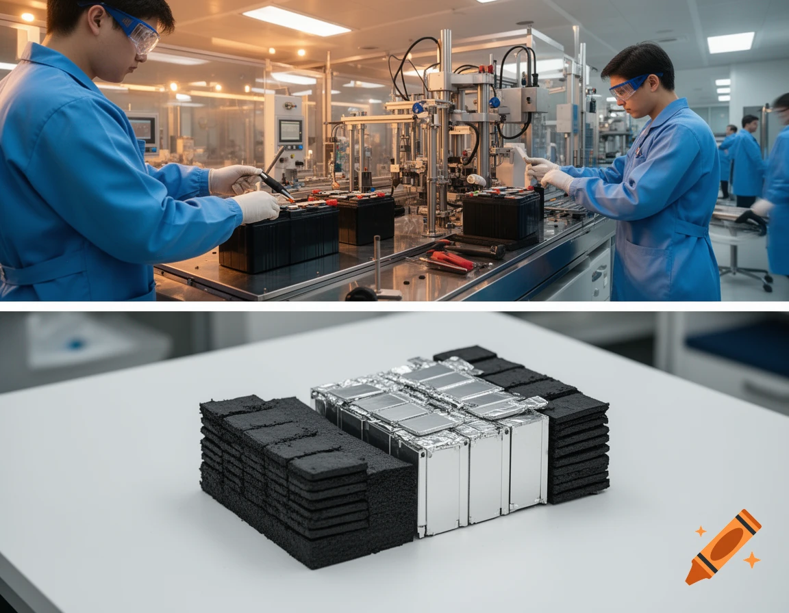 Two images. Top: Two technicians in a cleanroom assembling battery components. Bottom: A close-up of lithium battery cells and black padding.