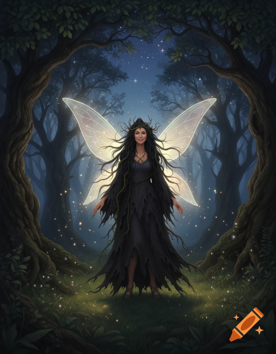 A dark-haired fantasy fairy with glowing wings stands in an enchanted forest at night.