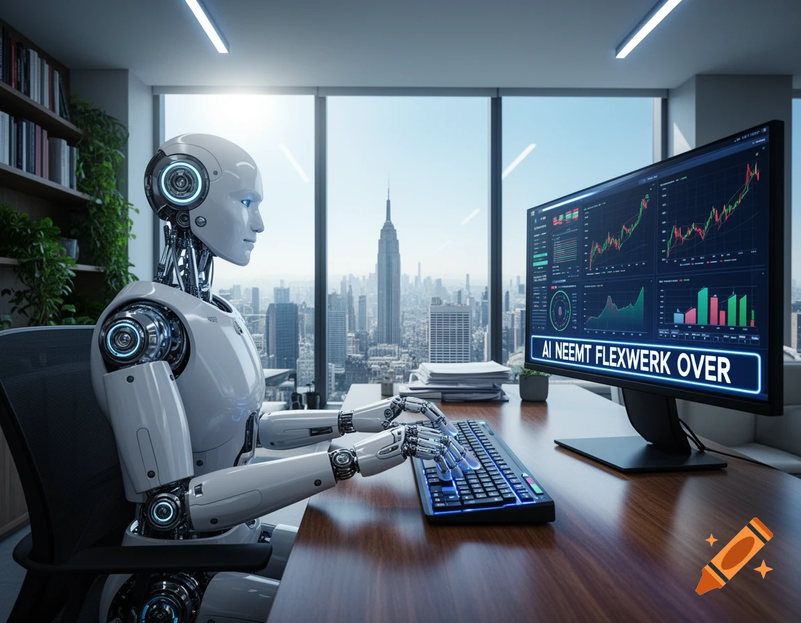 Photorealistic humanoid robot typing at a computer in an office overlooking a city, screen displays charts and 'AI NEEMT FLEXWERK OVER'.