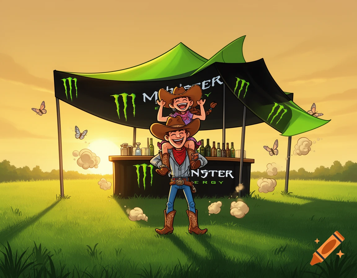 Cartoon cowboy with a cowgirl on his shoulders in front of a Monster Energy tent and outdoor bar in a sunny grass field.