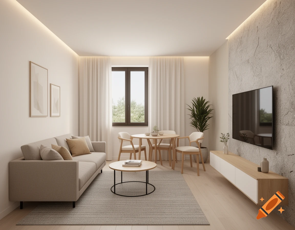 A modern minimalist Japandi living and dining room with a light beige sofa, round coffee table, dining set, and a stone accent wall.