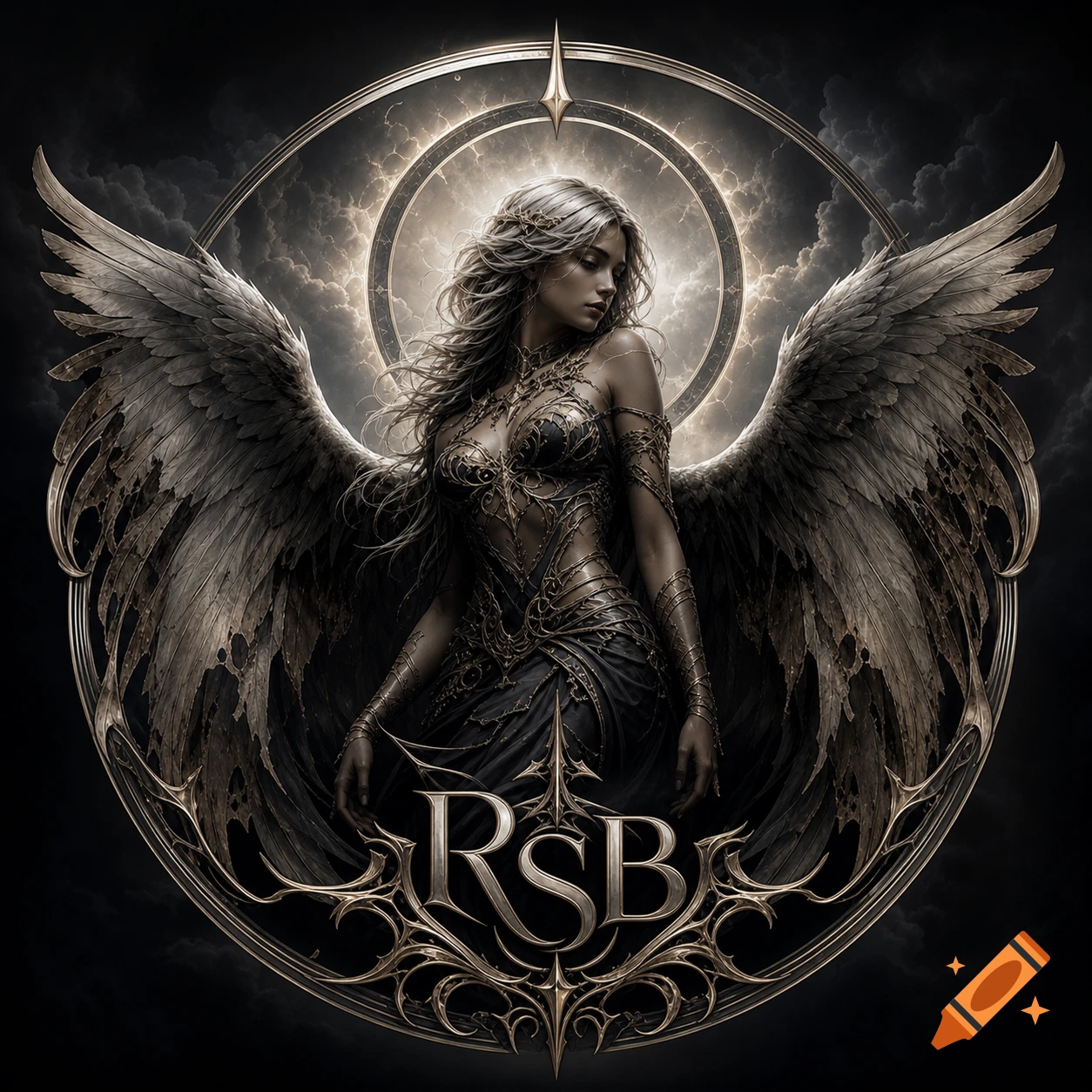 RSB logo featuring a blonde fallen angel with large wings and intricate armor, set against a stormy sky within a decorative circular frame.
