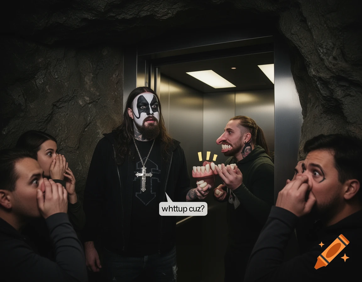 A man in black metal corpse paint stands in an elevator with a speech bubble saying "whttup cuz?". Beside him, a man with a large prosthetic nose holds large teeth models. Other people around them cover their mouths and noses in disgust in a dark, cave-like room.