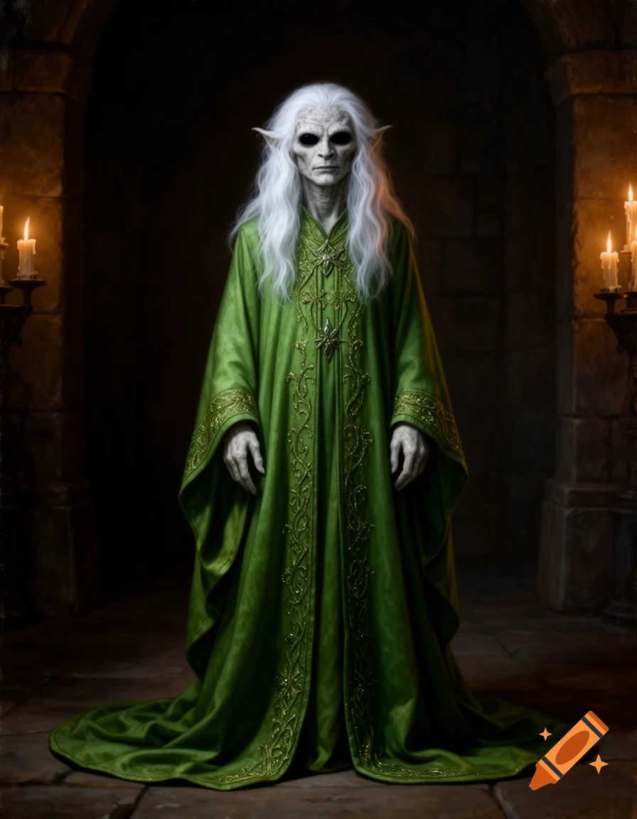 A gaunt, white-haired, elf-like creature with black eyes in a dark green robe stands under a gothic archway, lit by candles.