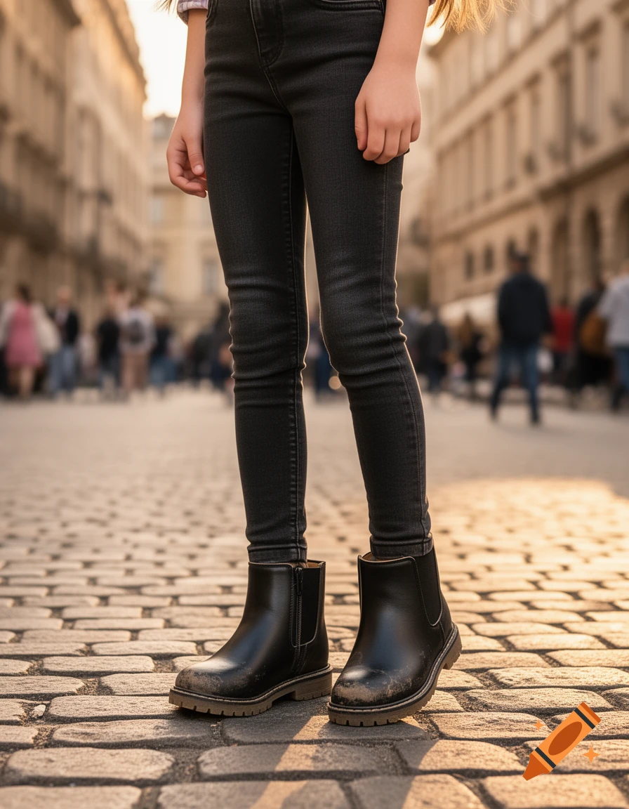 A person in black jeans and black boots stands on a cobblestone street, seen from a low angle with a blurred city background.