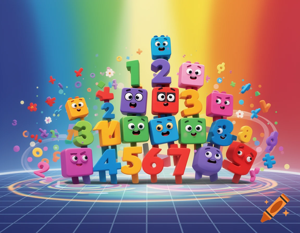 Colorful cartoon number blocks arranged in a pyramid shape against a rainbow gradient background, with scattered mathematical symbols and letters.