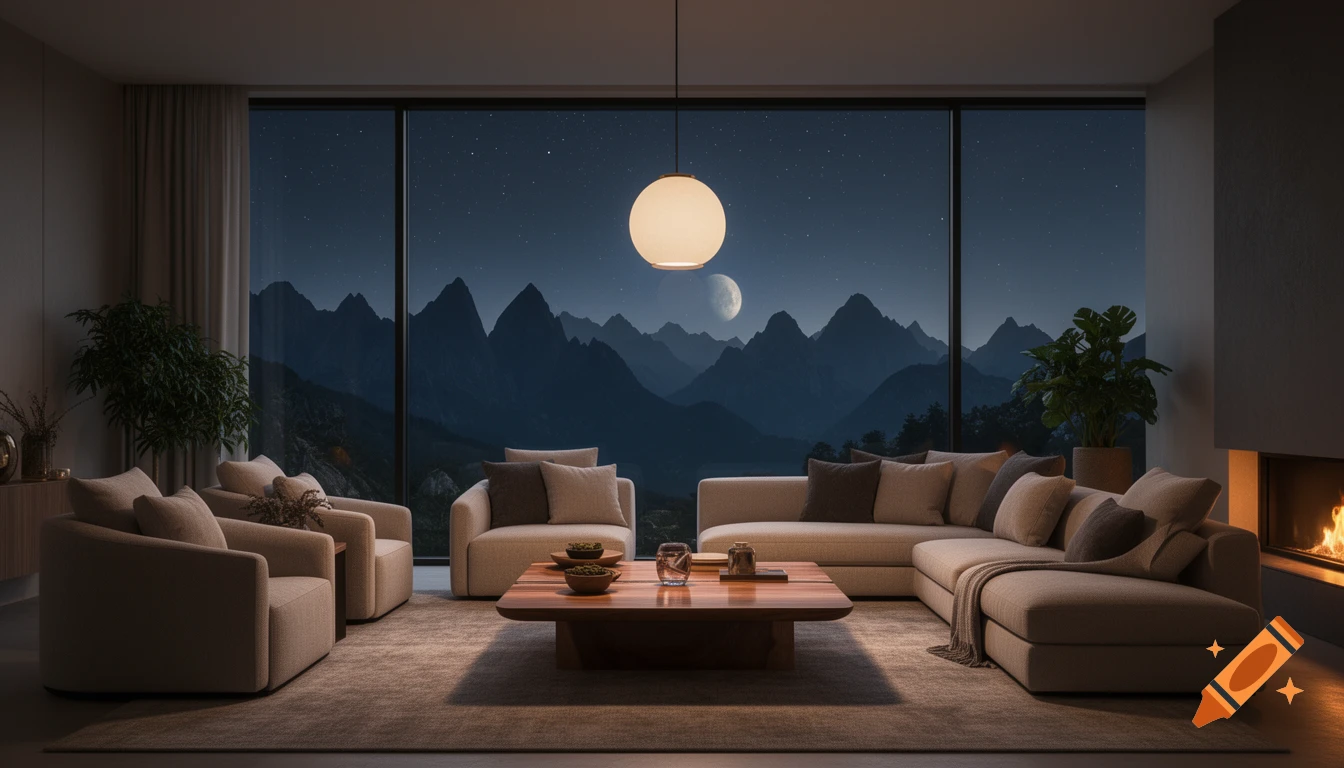 A modern living room with a large window overlooking a moonlit mountain range at night, with a round hanging light.