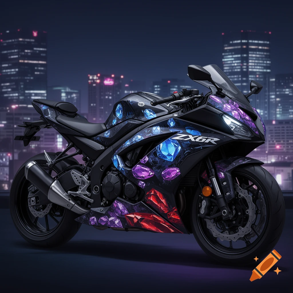 A black sport motorcycle adorned with vibrant blue, purple, and red crystal designs, parked against a blurry night cityscape.