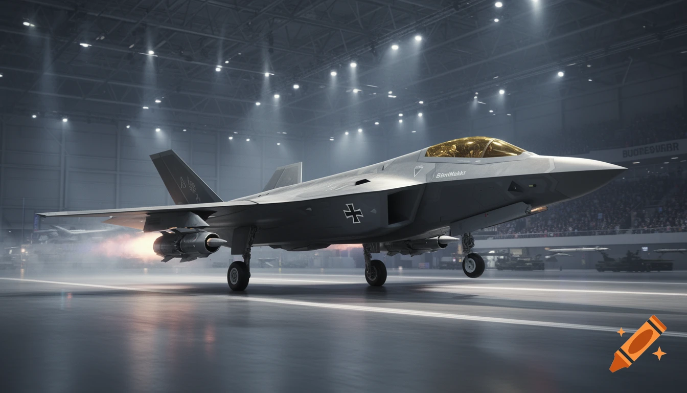 A grey stealth fighter jet with golden cockpit glass and German Balkenkreuz markings on its side, ready on a runway inside a large hangar with bright lights, exhaust glowing.