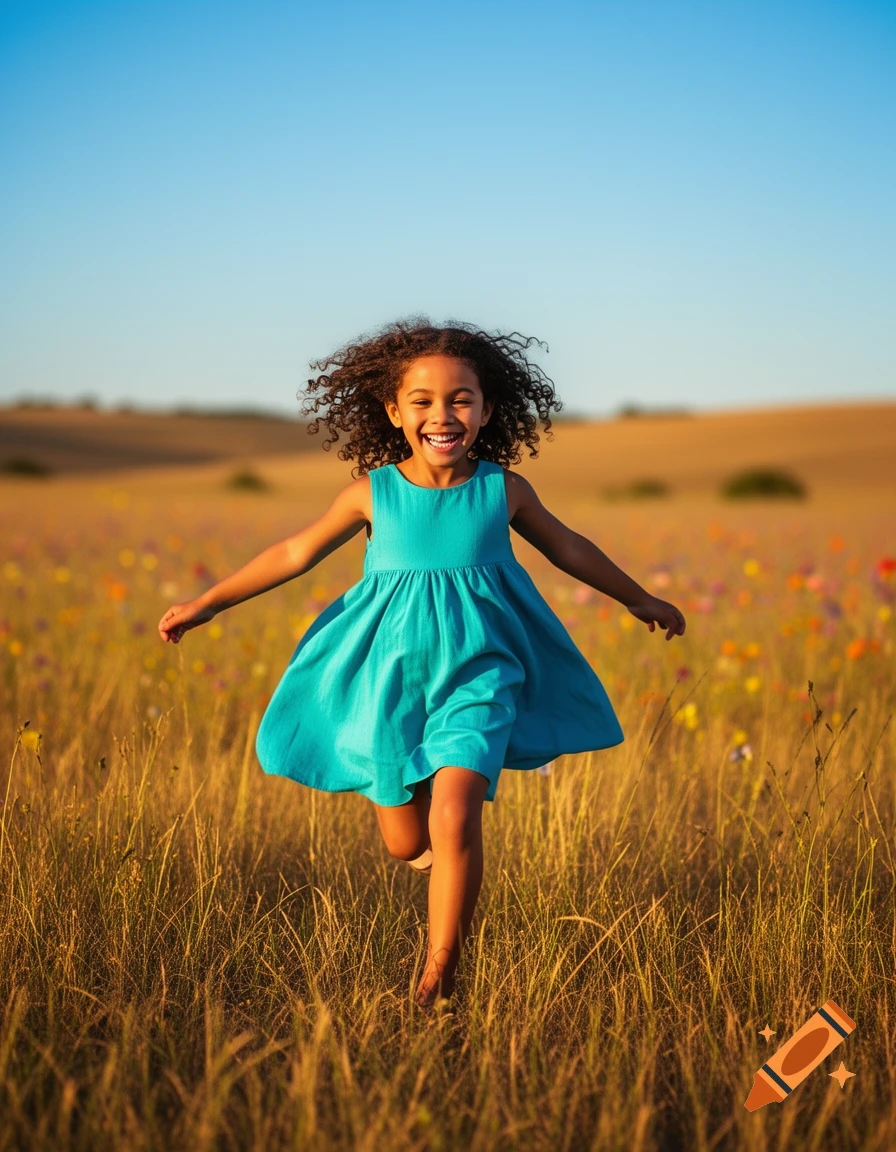 A happy Black child with curly hair runs joyfully through a sunlit field of tall grass and wildflowers in a teal dress.