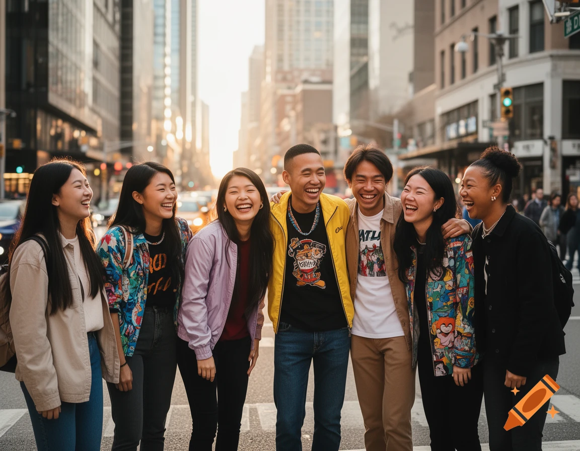 A diverse group of happy young adults, possibly Asian, laughing together on a bustling city street at sunset.