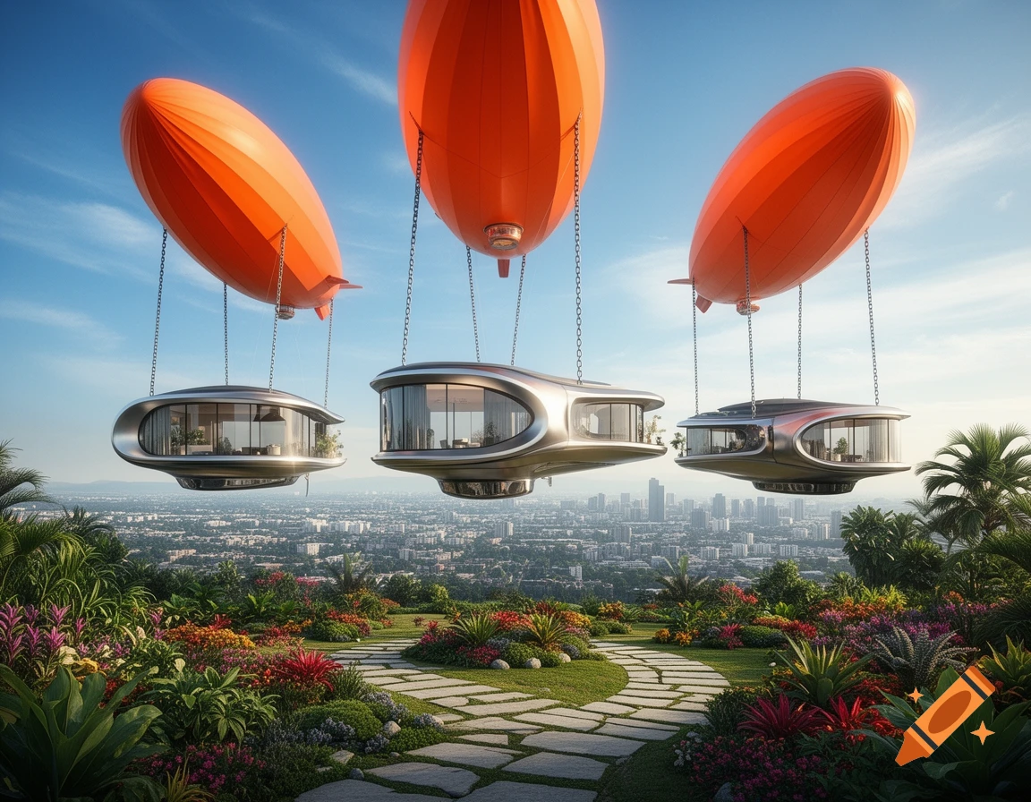 Three futuristic houses, shaped like sleek, modern pods, suspended by chains from large orange blimps above a lush, colorful garden overlooking a city skyline.