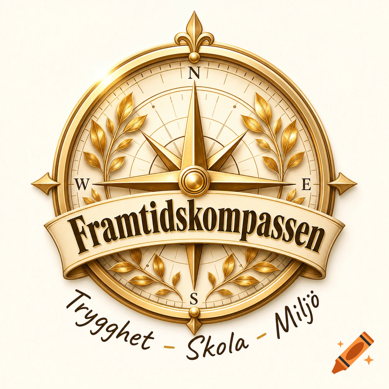 Golden ornate compass logo with a banner displaying 'Framtidskompassen' and 'Trygghet - Skola - Milj '. The compass features laurel branches.
