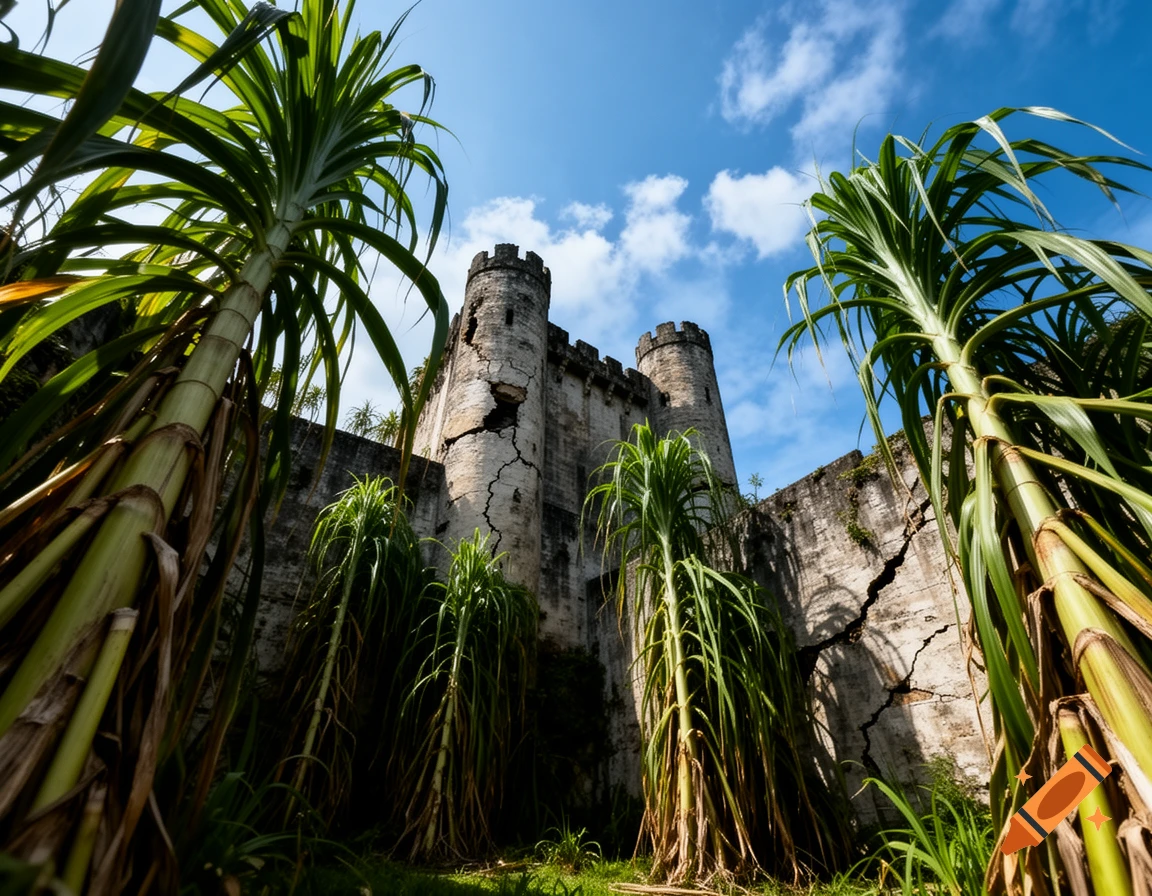 Low-angle view of a crumbling stone castle ruin overshadowed by towering, giant green grass stalks against a bright blue sky.