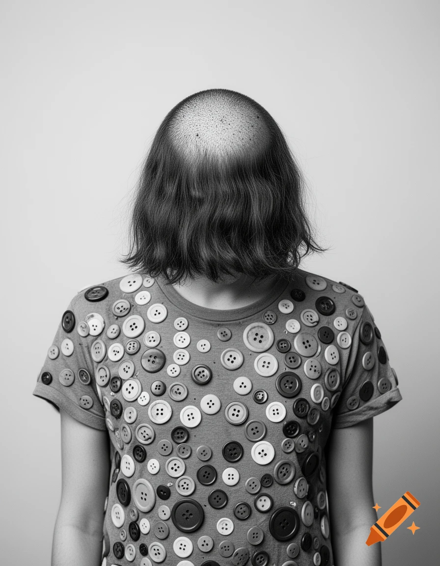 Black and white portrait of a person with a shaved head top, hair covering the face, and a t-shirt covered in buttons.