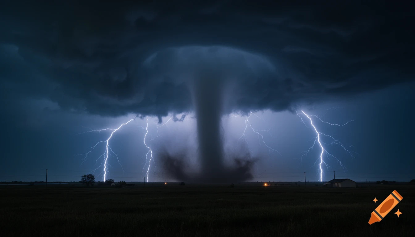 A photorealistic nighttime scene shows a massive tornado funnel illuminated by multiple bolts of lightning over a dark, flat landscape.