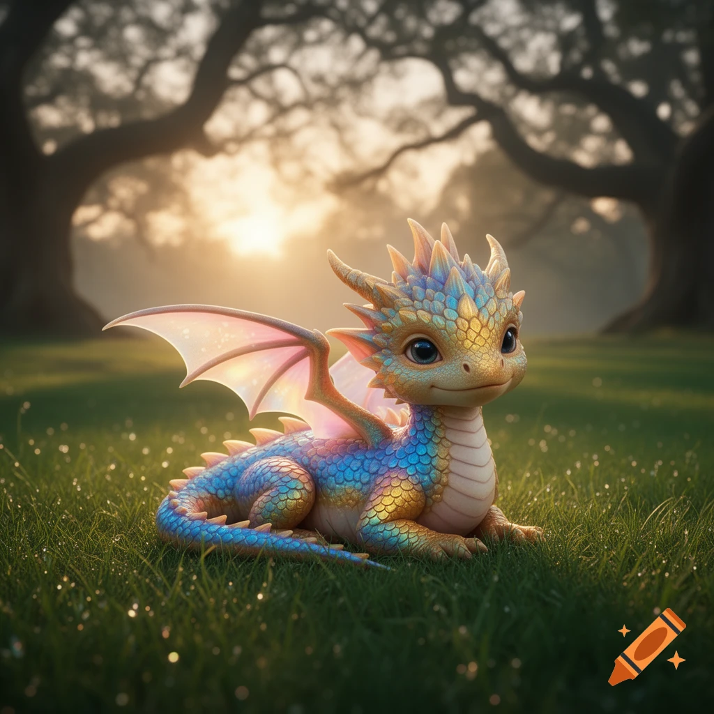 A cute, colorful baby dragon with iridescent scales of gold, blue, and pink, rests in a lush green field at sunset.