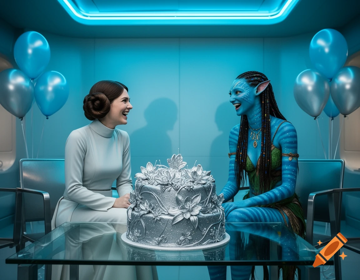 Princess Leia and Neyteri from Avatar smiling at a table with a silver birthday cake and blue balloons in a blue room.