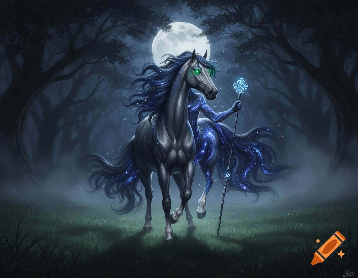 A majestic centaur-like creature with a horse head, cosmic patterned body, and glowing staff stands in a misty forest under a full moon.