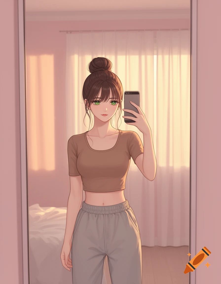 Anime girl with a top bun and green eyes takes a mirror selfie in her pastel pink room.
