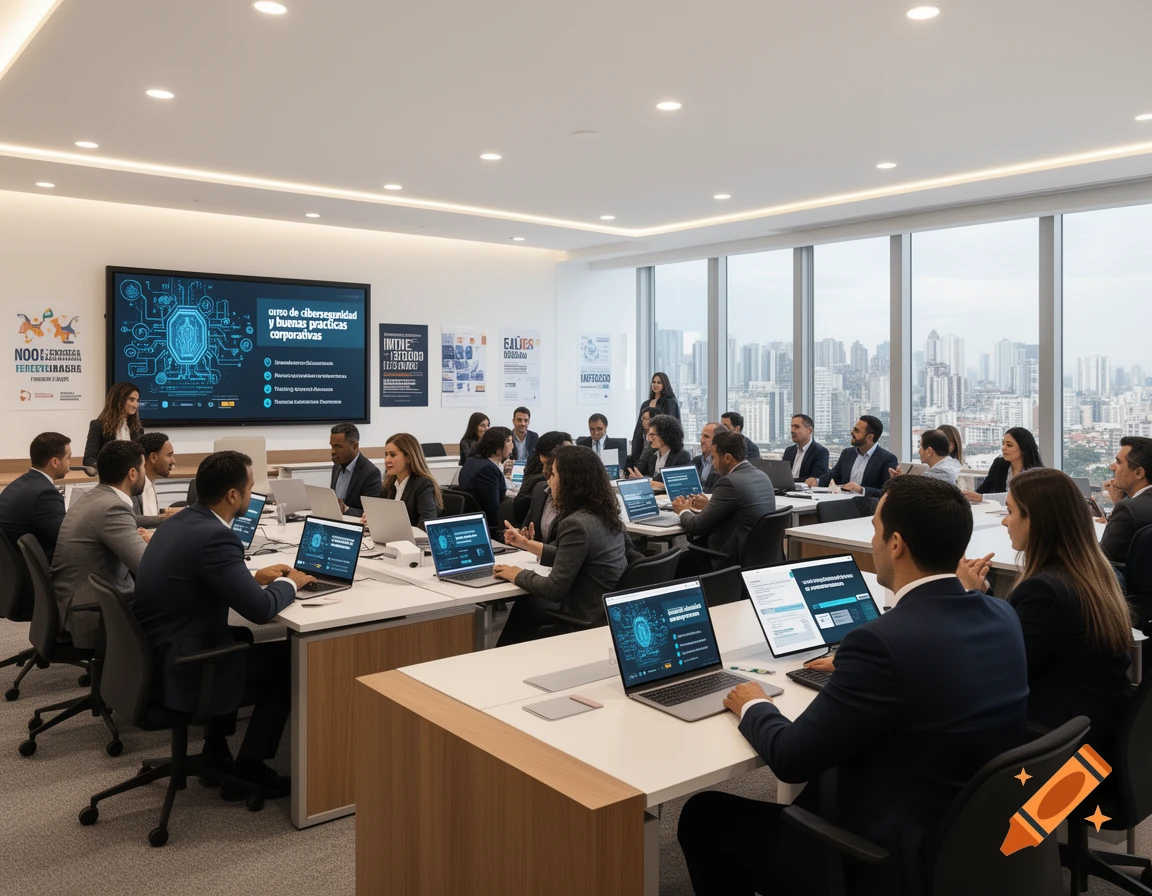 People in a modern office meeting room attending a corporate cybersecurity training session, with a city skyline visible through large windows.