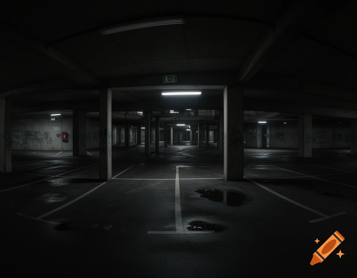 A dimly lit, vast underground parking garage with concrete pillars, graffiti-covered walls, and water puddles on the wet asphalt floor.