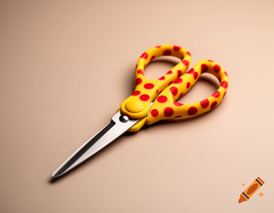 A pair of yellow scissors with red polka dots on the handles, lying on a light brown surface.