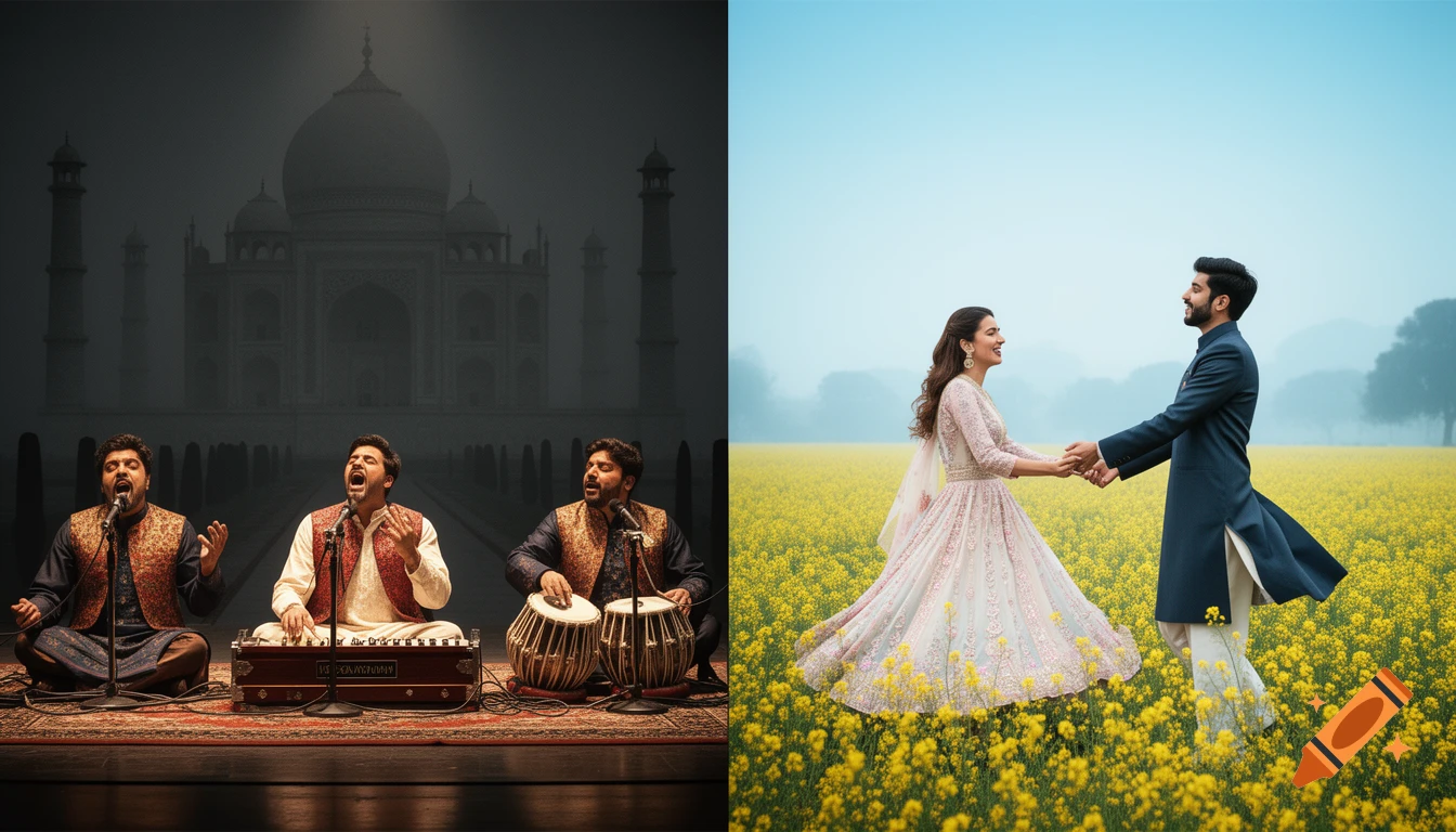 A split image: Left, Qawwali musicians perform before a silhouetted Taj Mahal. Right, a couple holds hands in a yellow mustard field.