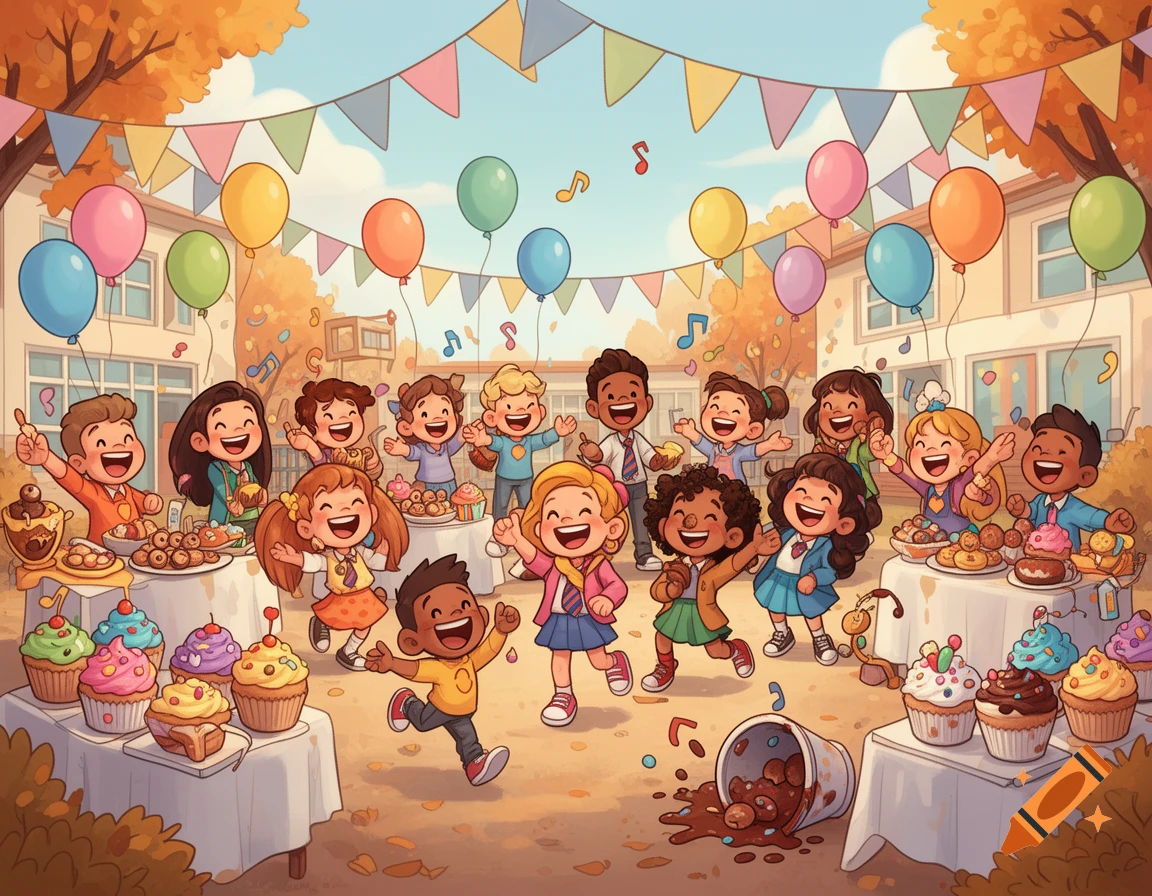 A cheerful cartoon shows a diverse group of happy children celebrating an outdoor party with balloons, bunting, and tables full of sweets.