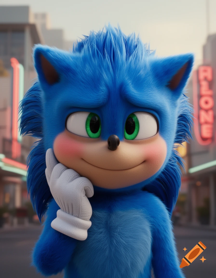 Close-up of a blue, furry Sonic the Hedgehog from the live-action film, blushing with a shy smile and a white-gloved hand on his cheek.