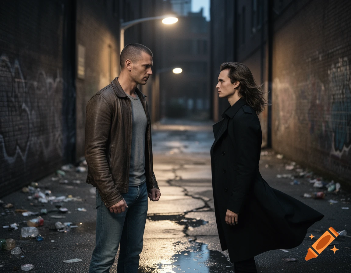 Two men, one in a leather jacket and the other in a trench coat, face each other in a dimly lit, trash-strewn urban alley.