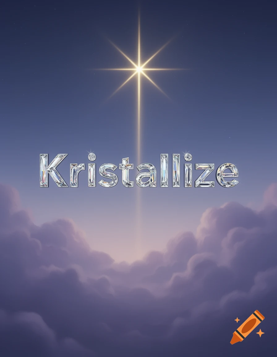 The word Kristallize in shiny diamond-like letters under a bright star, with clouds below.