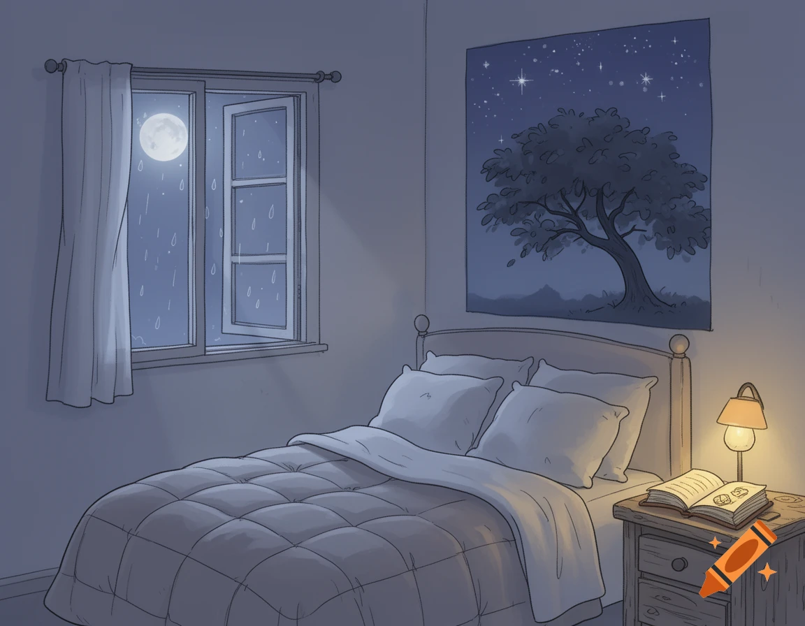 A peaceful, cartoon-style illustration of a bedroom at night with rain outside the window and a lamp lit on a nightstand.