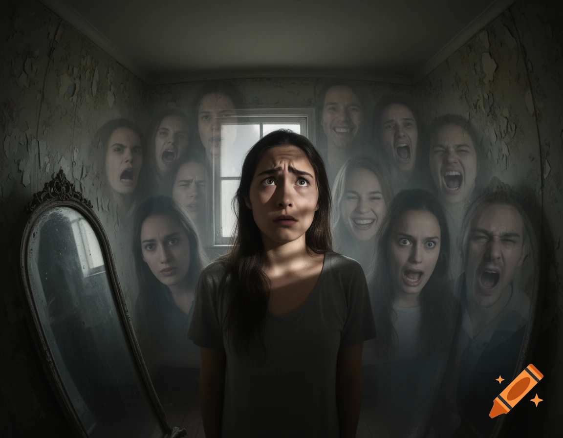 A distressed woman in a dark room with peeling walls, surrounded by ghostly, emotional faces emerging from the shadows.