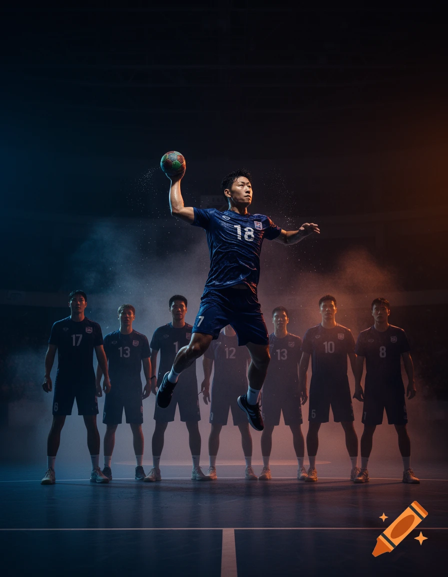 Photorealistic image of a Korean handball player jumping to throw a ball, with teammates in the background, under dramatic blue and orange lights.