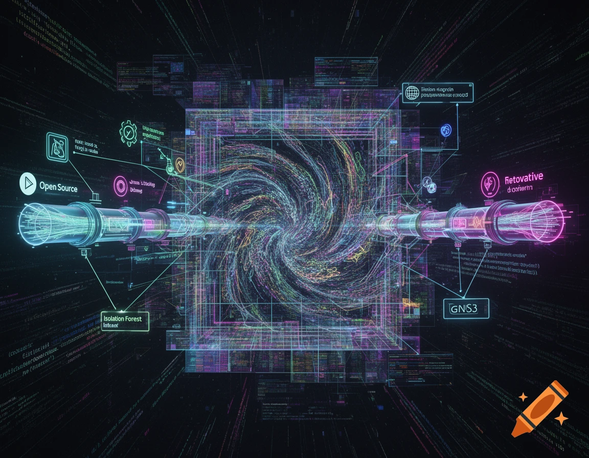 A dark, futuristic digital scene with glowing wires forming a tunnel-like structure leading to a vortex of colorful data. Text labels like "Open Source," "Isolation Forest," and "GNS3" are visible amidst abstract code.