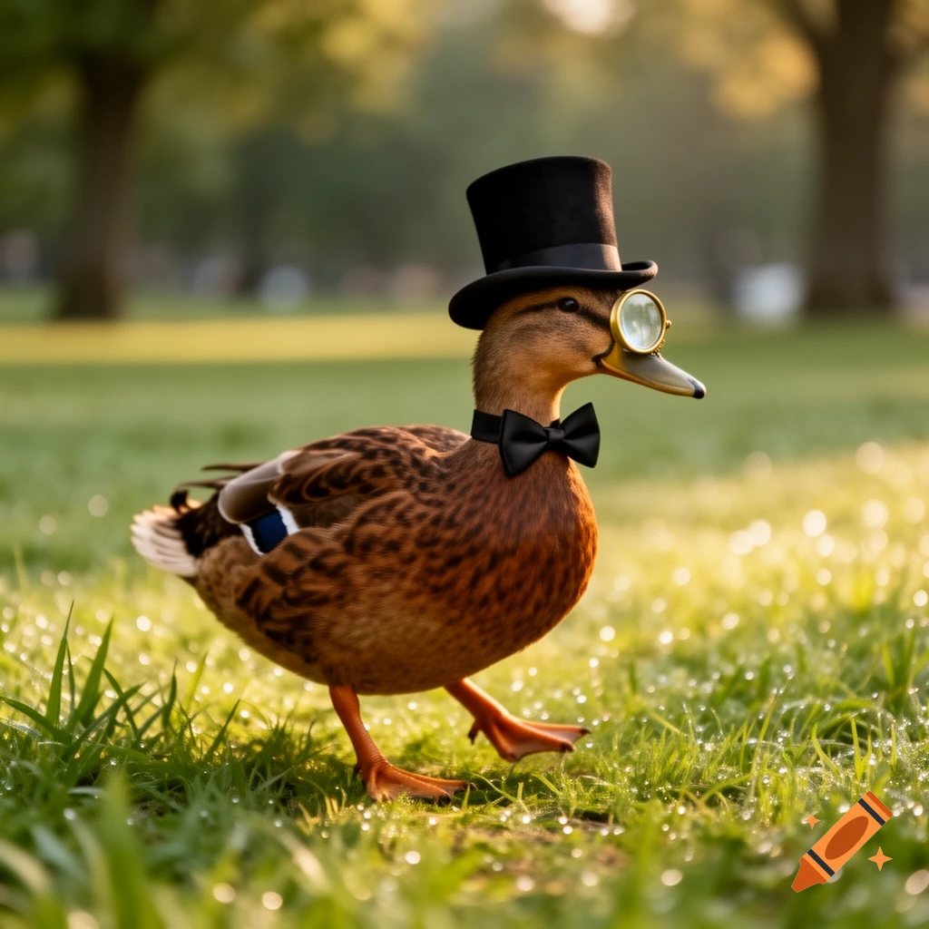 A photorealistic brown duck wearing a black top hat, a black bowtie, and a monocle, standing in dewy green grass.