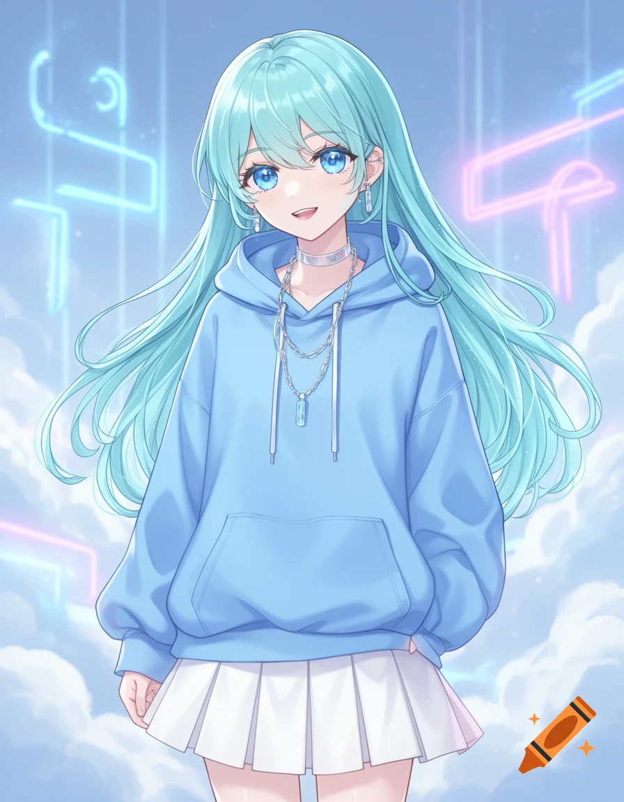 Anime girl with long aqua hair, blue eyes, wearing a light blue hoodie and white pleated skirt, against a dreamy cloud and neon light background.