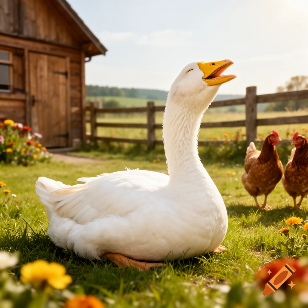 A joyful white goose with closed eyes and open beak sits in sunny green grass with wildflowers. Two chickens, a wooden shed, and a fence are in the background.