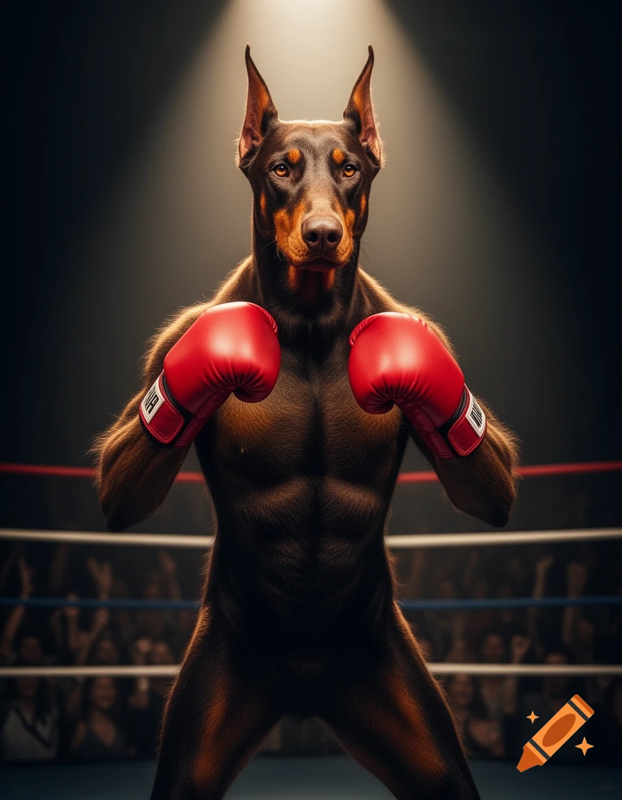 A muscular Doberman dog wearing red boxing gloves stands in a spotlighted boxing ring.