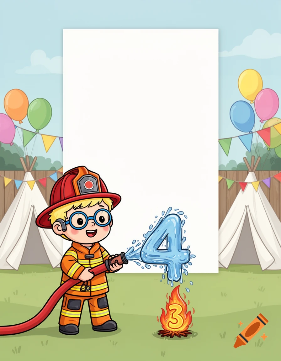 Cartoon firefighter boy spraying water shaped like '4' onto flames shaped like '3' in a party setting with tents and balloons.