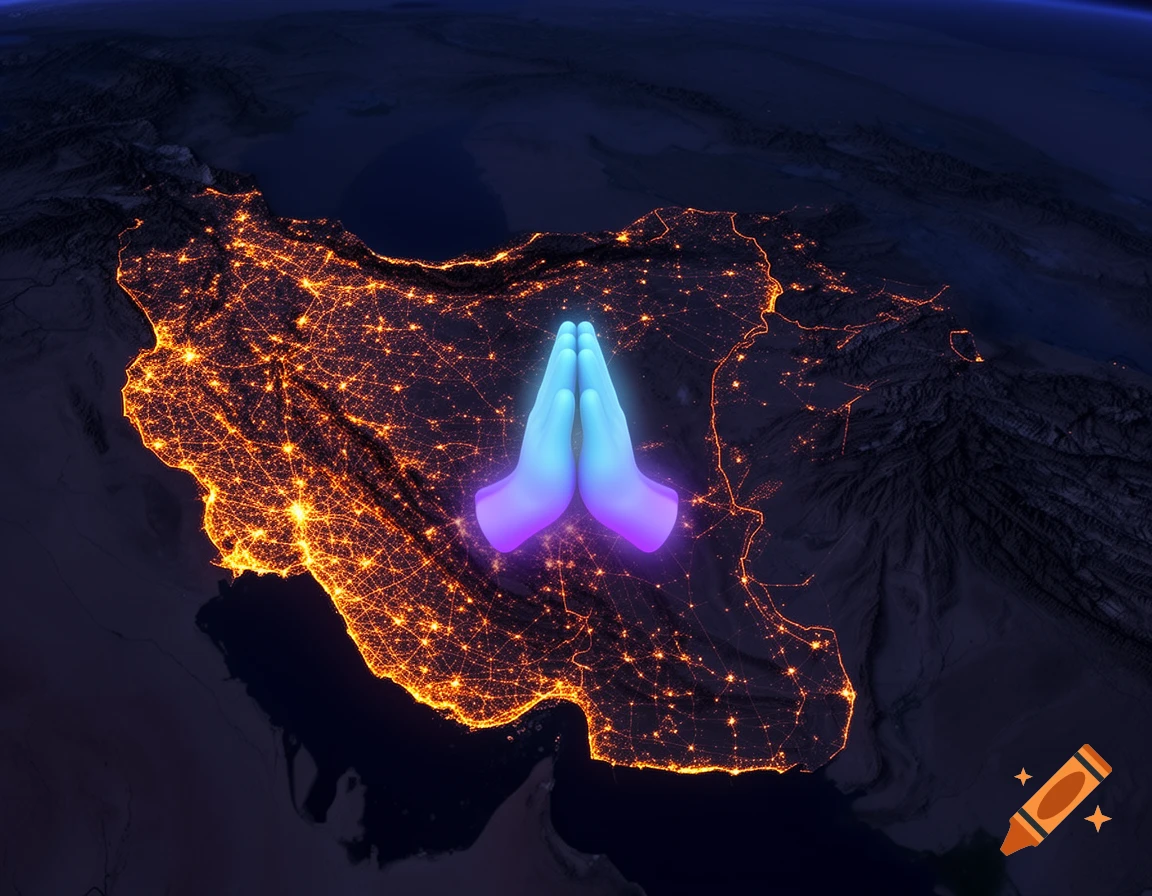A glowing map of Iran at night with city lights and a gradient blue and purple namaste emoji in the center.