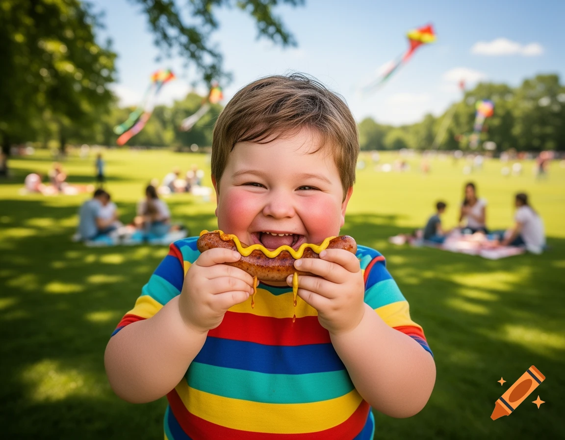 A smiling, chubby boy in a colorful striped shirt happily eats a sausage with mustard in a sunny park.