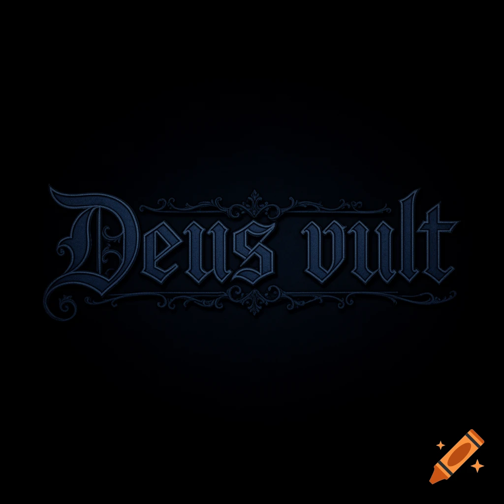 Ornate dark blue gothic text 'Deus vult' with decorative flourishes on a black background.