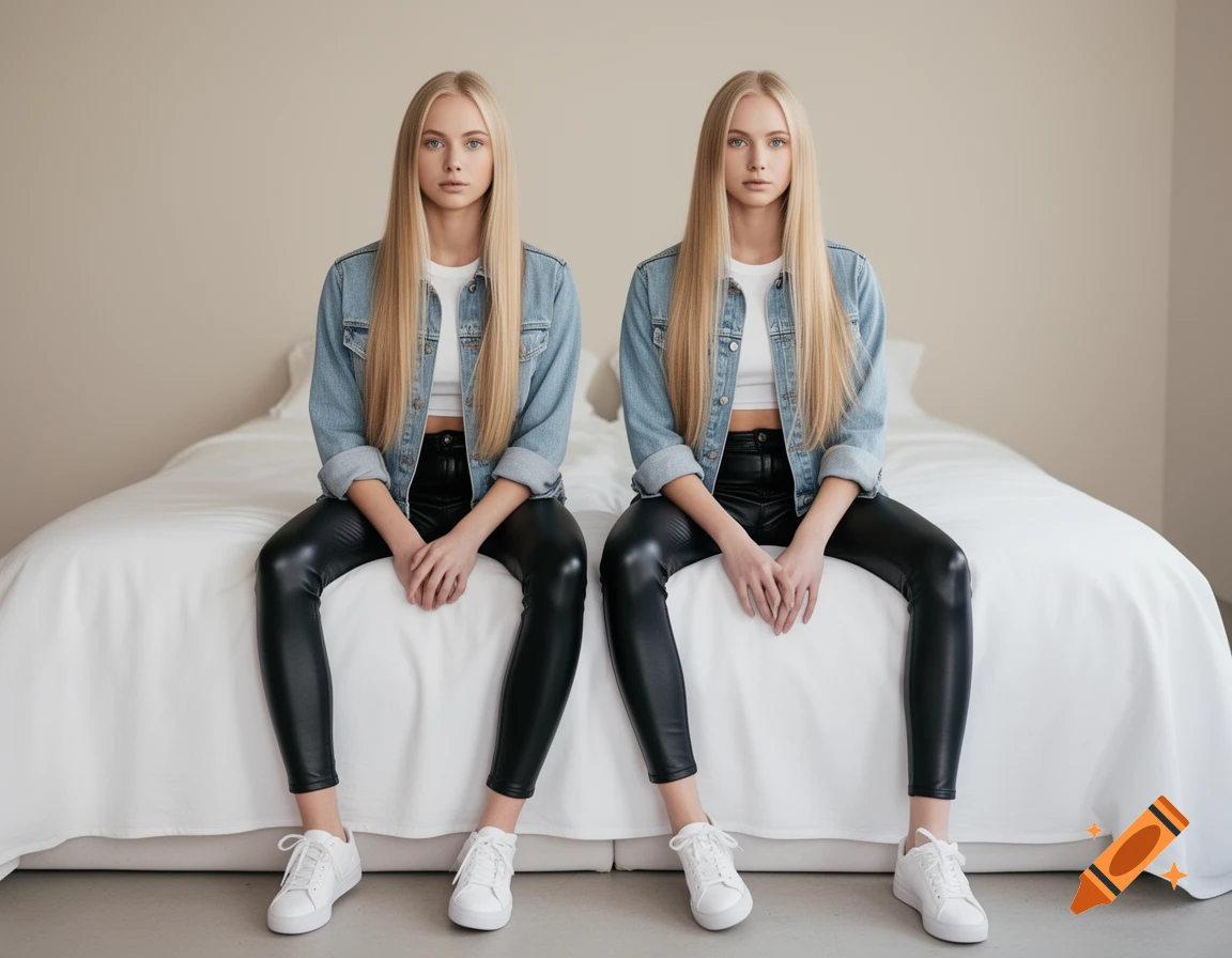 Two identical blonde women in denim jackets, white crop tops, black leather pants, and white sneakers sit on a white bed.